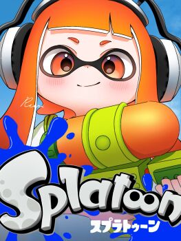 1girl blue_background blush closed_mouth commentary_request dot_nose headphones highres inkling inkling_girl inkling_player_character logo long_hair nintendo orange_eyes orange_hair rurri_0925 signature smile solo splatoon_(series) splatoon_1 splattershot_(splatoon) tentacle_hair translation_request