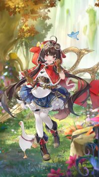 1girl :d ahoge animal animal_ear_hood bird black_boots blue_flower boots bow brown_eyes brown_gloves brown_hair character_request fake_animal_ears fang flower full_body gloves goggles goggles_on_head goose highres hood hood_up houchi_shoujo long_hair low_twintails mushroom official_art open_mouth outdoors pale_skin petticoat pink_flower red_flower red_hood scissors skin_fang smile thighhighs twintails very_long_hair water waterfall white_thighhighs yellow_bow