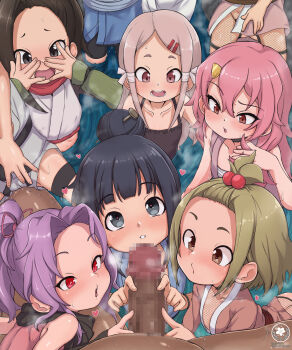 1boy 6+girls age_difference ajisai_(kunoichi_tsubaki_no_mune_no_uchi) ass bare_shoulders benisumomo black_eyes black_hair brown_hair censored clothed_female_nude_male collarbone dark-skinned_male dark_skin embarrassed flat_chest handjob heart heart-shaped_pupils highres housenka_(kunoichi_tsubaki_no_mune_no_uchi) kunoichi_tsubaki_no_mune_no_uchi loli long_hair mokuren_(kunoichi_tsubaki_no_mune_no_uchi) mosaic_censoring multiple_girls ninja nude partially_submerged penis penis_awe pink_hair ponytail pov purple_hair red_eyes sakuran_(ameto) sazanka_(kunoichi_tsubaki_no_mune_no_uchi) sharp_teeth short_hair size_difference steaming_body symbol-shaped_pupils teeth tsubaki_(kunoichi_tsubaki_no_mune_no_uchi) water wrist_guards