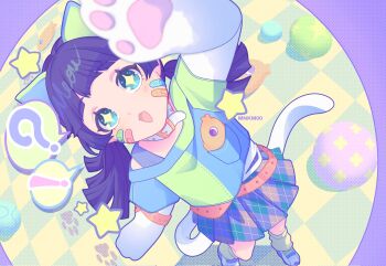Rule 34 | !, + +, 1girl, ?, animal ears, animal hands, arm belt, arm up, artist name, bandaid, bandaid on cheek, bandaid on face, belt, belt buckle, belt collar, blue eyes, blue shirt, blue shoes, blue skirt, blunt bangs, border, bra, bra strap, breast pocket, buckle, cat ears, cat girl, cat tail, collar, commentary, dot nose, elbow gloves, eyelashes, from above, full body, gloves, gold buckle, green leg warmers, green shirt, grey bra, happy, hashtag-only commentary, highres, layered shirt, leaning to the side, leg warmers, long hair, looking at viewer, low twintails, miniskirt, open mouth, orange belt, original, pastel colors, paw gloves, paw print, plaid clothes, plaid skirt, pleated skirt, pocket, purple border, purple hair, reean, round border, shadow, shirt, shoes, short sleeves, skirt, smile, sneakers, solo, sparkling eyes, speech bubble, split-color clothes, spoken exclamation mark, spoken question mark, star (symbol), studded belt, stuffed animal, stuffed fish, stuffed toy, tail, tile floor, tiles, twintails, two-tone shirt, underwear, white belt, white gloves, white shirt