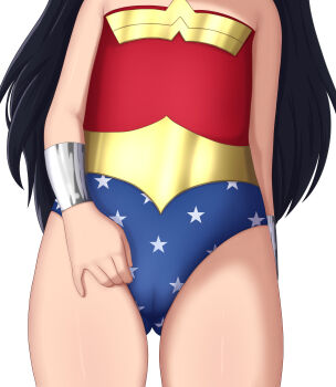 1girl absurdres adjusting_clothes adjusting_leotard azunyart bare_shoulders black_hair blue_leotard bracer cameltoe commission dc_comics gluteal_fold groin head_out_of_frame highres hip_focus huge_filesize leotard loli long_hair multicolored_leotard pixiv_commission print_leotard red_leotard solo star_(symbol) star_print strapless strapless_leotard thighs two-tone_leotard wonder_woman wonder_woman_(series)