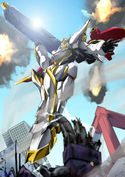 absurdres code_geass damaged glowing glowing_eyes green_eyes gun highres holding holding_gun holding_weapon knightmare_frame lancelot_(code_geass) lancelot_air_cavalry lens_flare mecha no_humans open_hand robot science_fiction signature sky solo stg_stg sutherland_(code_geass) weapon