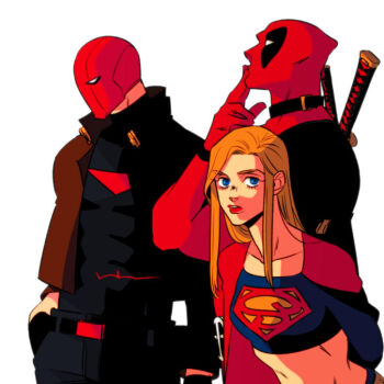 1girl 2boys blonde_hair bodysuit brown_jacket cape dc_comics deadpool deadpool_(series) helmet htnks2 jacket jason_todd marvel mask multicolored_bodysuit multiple_boys red_bodysuit red_cape red_helmet red_hood_(dc) supergirl superhero_costume sword sword_on_back two-tone_bodysuit weapon weapon_on_back western_comics_(style) white_background