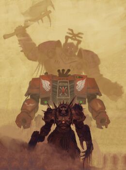 3boys absurdres adeptus_astartes armor axe battle_axe blood blood_angels bloody_weapon bolter breastplate chain chain_axe chaos_(warhammer) chaos_space_marine clawed_gauntlets commentary day dreadnought_(warhammer_40k) dust dust_cloud english_commentary exhaust exhaust_pipe eyes_of_horus_(warhammer_40k) fake_horns from_behind full_armor gauntlets glowing glowing_eyes gun helmet highres holding holding_axe holding_weapon horned_helmet horns imperium_of_man looking_at_viewer mecha multiple_boys outdoors pauldrons power_armor red_eyes robot science_fiction shoulder_armor sign_of_khorne solo spiked_armor spikes terminator_armor thefearmaster warhammer_40k weapon