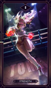 1girl absurdres bare_shoulders belly blunt_bangs boxing boxing_gloves boxing_ring boxing_shorts breasts cleavage clenched_hands closed_mouth determined fist_bump fist_pump full_body green_eyes hair_ribbon highres knee_up large_breasts long_hair looking_at_viewer multicolored_hair navel original outstretched_hand pink_hair punching ribbon serious shoes shorts slice_of_toma solo sports_bra sports_shoes standing standing_on_one_leg streaked_hair strength_(tarot) tarot tomato virtual_youtuber white_shoes windsketchy