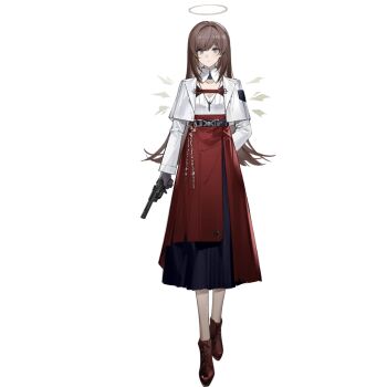 1girl ankle_boots arknights black_gloves blue_eyes blue_skirt boots brown_boots brown_hair capelet detached_wings energy_wings full_body gloves gun halo high-waist_skirt holding holding_gun holding_weapon long_hair long_skirt long_sleeves looking_at_viewer official_art red_boots red_skirt shirt simple_background skirt solo standing tachi-e third-party_source traditional_halo transparent_background two-tone_skirt weapon white_capelet white_shirt wings