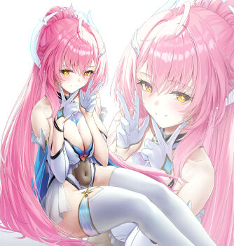 1girl adapted_costume aemeath_(wuthering_waves) ahoge bare_shoulders breasts commentary covered_navel dutch_angle from_side gloves hair_ornament highres large_breasts light_blush long_hair looking_at_viewer orange_eyes pink_hair ponytail showgirl_skirt sideways_glance simple_background sitting skirt smile star-shaped_pupils star_(symbol) symbol-shaped_pupils untranslatable_commentary v w white_background white_gloves white_skirt wuthering_waves xfate zoom_layer