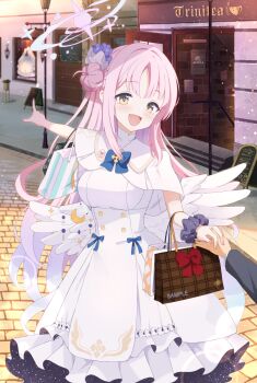 1girl 1other :d bag black_scrunchie blue_archive blue_bow blue_bowtie blunt_bangs blush bow bowtie breasts buttons capelet commentary_request dating day double-breasted dress dress_bow eyelashes feathered_wings feet_out_of_frame fingernails flower frilled_dress frills gradient_hair hair_bun hair_flower hair_intakes hair_ornament halo happy highres holding_hands holy-san_(makuu) index_finger_raised large_breasts long_dress long_hair long_sleeves looking_at_another low_wings mika_(blue_archive) multicolored_hair open_mouth outdoors pink_hair pink_halo pointing pointing_forward purple_flower road scrunchie shopping_bag sidelocks single_side_bun smile solo_focus standing very_long_hair white_capelet white_dress white_wings wings wrist_scrunchie yellow_eyes