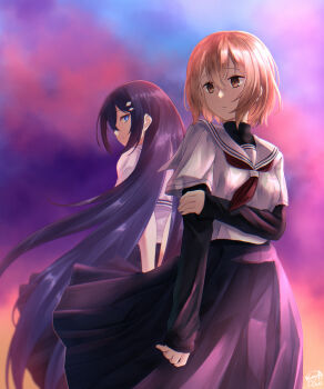 2girls absurdres black_shirt black_skirt blue_eyes blue_hair brown_hair commentary english_commentary hair_between_eyes highres holding_own_arm layered_sleeves long_hair long_sleeves multiple_girls mutsuki_(mutsuki0110) neckerchief oumi_shiori red_neckerchief sailor_collar school_uniform serafuku shirt short_hair short_over_long_sleeves short_sleeves skirt watashi_wo_tabetai_hitodenashi white_sailor_collar yaotose_hinako