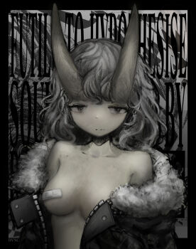 1girl bandaid bandaids_on_nipples bare_shoulders black_coat breasts closed_mouth coat coat_on_shoulders collarbone commentary demon_horns expressionless fur-trimmed_hood fur_trim gba_dvance grey_eyes grey_hair highres hood horns looking_at_viewer medium_hair original outside_border pasties signature small_breasts solo text_background wavy_hair zipper