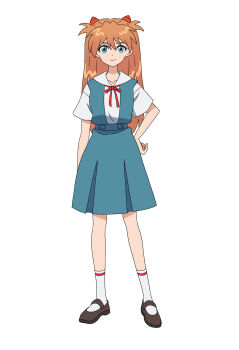 1girl blue_eyes blue_skirt blush breasts brown_hair closed_mouth full_body hair_between_eyes hand_on_own_hip hands_on_own_knees long_hair looking_at_viewer neck_ribbon neon_genesis_evangelion red_ribbon ribbon sashimi_(sasihmi) school_uniform shirt short_sleeves skirt smile socks solo souryuu_asuka_langley standing suspender_skirt suspenders tokyo-3_middle_school_uniform two_side_up white_background white_shirt white_socks