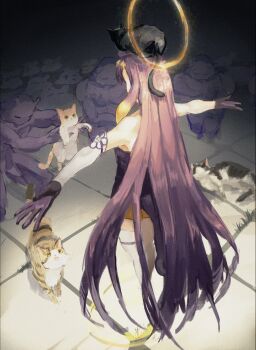 1girl animal bare_shoulders black_cat capucino_art cat commentary from_behind hair_ornament halo highres hololive hololive_english long_hair multicolored_hair multiple_cats multiple_others ninomae_ina'nis ninomae_ina'nis_(1st_costume) orange_hair purple_hair symbol-only_commentary t-pose takodachi_(ninomae_ina'nis) tentacle_hair virtual_youtuber