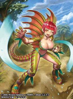 1girl amarga_(wixoss) bikini blue_bikini blue_sky blush breasts cloud commentary_request copyright_notice dinosaur_girl dinosaur_tail green_scales jintetsu large_breasts looking_at_viewer nail_polish official_art one_eye_closed outdoors red_eyes red_hair red_nails short_hair sky smile solo swimsuit tail tree wixoss