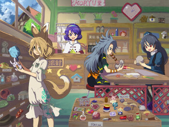 blue_dress blue_hair cape dress frilled_dress frills gem hairband hat highres himemushi_momoyo iizunamaru_megumu kudamaki_tsukasa long_hair multicolored_clothes multicolored_hairband multiple_girls patchwork_clothes pointy_ears purple_eyes rainbow_gradient red_eyes ribbon_trim short_hair shoulder_guard sky_print syope tenkyuu_chimata tokin_hat touhou unconnected_marketeers zipper