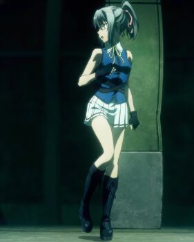 1girl absurdres black_boots black_gloves blue_eyes blue_vest bluesy_fluesy boots bow breasts collared_shirt female_focus full_body gloves grey_hair hair_bow hair_ribbon highres lace-up_boots legs long_hair looking_to_the_side miniskirt neckerchief open_mouth pink_bow pink_ribbon pleated_skirt ponytail ribbon sexually_suggestive shirt shirt_under_vest skirt sleeveless small_breasts solo solo_focus taboo_tattoo thighs vest white_shirt white_skirt yellow_neckerchief