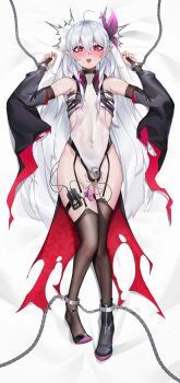 1boy absurdres asymmetrical_footwear asymmetrical_legwear black_thighhighs blush chain chained chastity_cage ear_piercing elbow_gloves full_body garter_straps gins_hanee gloves highres long_hair lying mole mole_under_eye nub_chastity_cage on_back on_bed original piercing pointy_ears red_eyes restrained sex_toy small_chastity_cage sounding thighhighs tongue tongue_out tongue_piercing trap urethral_insertion very_long_hair vibrator vibrator_in_thighhighs white_hair