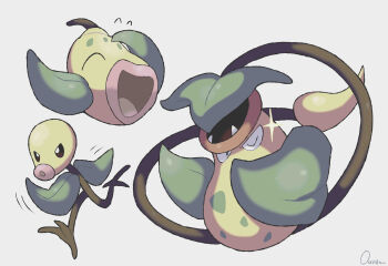 absurdres bellsprout closed_eyes commentary_request evolutionary_line fangs full_body gen_1_pokemon glint grey_background highres laughing leaf motion_lines nintendo no_humans one_eye_closed open_mouth ouran pokemon pokemon_(creature) pokemon_focus running signature simple_background smile victreebel weepinbell