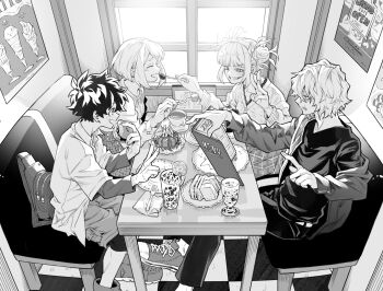 2boys 2girls boku_no_hero_academia burger chair checkered_floor collared_shirt cup double_bun feeding food fork greyscale grin hair_bun index_finger_raised indoors long_sleeves menu messy_hair midoriya_izuku monochrome multiple_boys multiple_girls off_shoulder pancake pointing poster_(object) restaurant roho_rkgk sandwich shigaraki_tomura shirt shoes sitting skirt smile sneakers table toga_himiko uraraka_ochako window