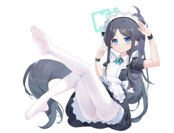 1girl apron aqua_halo aris_(blue_archive) aris_(maid)_(blue_archive) arm_up ass black_dress black_hair blue_archive blue_eyes blue_pupils blue_ribbon closed_mouth collared_dress commentary curled_fingers dress feet full_body halo hand_up high_ponytail highres knees_up legs legs_up light_blush long_hair long_sidelocks looking_at_viewer maid maid_apron middle_part mofan_sama neck_ribbon no_shoes nose_shade official_alternate_costume official_alternate_hairstyle pantyhose parted_hair petticoat plantar_flexion ponytail puffy_short_sleeves puffy_sleeves reclining rectangular_halo ribbon ringed_eyes salute short_dress short_sleeves sidelocks simple_background smile soles solo split_mouth tareme upskirt variant_set very_long_hair white_background white_headdress white_pantyhose wristband
