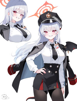 1girl absurdres black_wings blue_archive blush braid breasts cowboy_shot demon_wings grey_hair halo hand_on_own_hip haruna_(blue_archive) highres jacket large_breasts long_hair looking_at_viewer multiple_views red_eyes red_halo royalbunny003 shirt simple_background single_wing smile solo white_background white_shirt wings