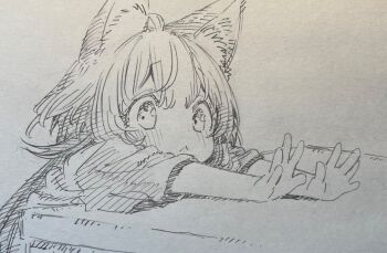 1girl :&lt; abara_heiki animal_ears blush cat_ears cat_girl child closed_mouth commentary graphite_(medium) greyscale hidamari_no_nino highres long_hair monochrome nino_(hidamari_no_nino) outstretched_arms short_sleeves sketch solo table traditional_media