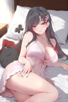 1girl arm_support babydoll bare_shoulders bed bed_sheet black_hair black_nails blush breasts cleavage collarbone colored_inner_hair commentary_request commission gem glint hair_between_eyes hair_ornament hand_on_own_thigh highres large_breasts leg_tattoo legs light_particles long_hair looking_at_viewer lying meridian_project multicolored_hair nail_polish nikuku_(kazedesune) on_bed on_side parted_lips pillow pink_babydoll pink_gemstone red_eyes red_hair red_ribbon ribbon sachi_(meridian_project) second-party_source see-through_clothes sidelocks slit_pupils solo tattoo thighs very_long_hair virtual_youtuber