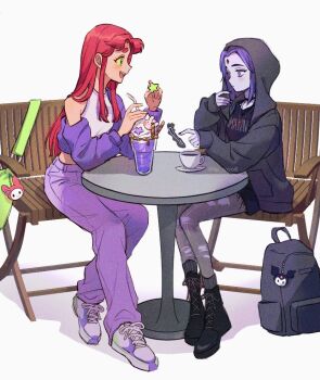 2girls alternate_costume chair coffee couple crop_top cropped_jacket cup dc_comics forehead_jewel green_eyes grey_background happy hood hood_up jacket long_hair long_sleeves looking_at_another mug multiple_girls on_chair open_clothes open_jacket open_mouth pants pantyhose purple_eyes purple_hair raven_(dc) short_hair smile sp_toyoill starfire table teen_titans torn_clothes torn_pantyhose white_background yuri