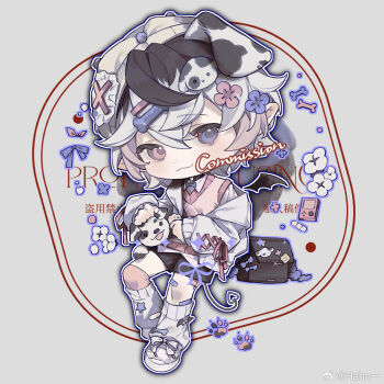 1boy :3 animal animal_ears baby_animal backpack bag bandaid bandaid_on_knee bandaid_on_leg black_bag black_hair black_shorts black_tail blue_necktie bone_hair_ornament bow chibi chinese_commentary closed_mouth collared_shirt commentary_request commission cross-laced_clothes cross-laced_sleeves crossed_bangs dalmatian demon_boy demon_tail dog dog_ears dog_hair_ornament dot_nose eyelashes floppy_ears flower footwear_bow grey_background grey_hair grey_jacket hahn_(weibo_5128615299) hair_between_eyes hair_flower hair_ornament hairclip hat hat_ornament heterochromia hood hood_down hooded_jacket jacket leg_warmers light_blush loafers long_sleeves messy_hair multicolored_hair necktie open_clothes open_jacket original over-kneehighs paw_print petting pill pink_eyes pink_flower pink_hair pink_socks pink_vest puffy_long_sleeves puffy_sleeves puppy purple_eyes purple_flower sample_watermark shirt shoes short_hair shorts single_over-kneehigh single_thighhigh sitting sleeves_past_wrists smile socks solo star_(symbol) streaked_hair sweater_vest tail thighhighs vest watermark weibo_watermark white_bow white_hat white_leg_warmers white_shirt white_shoes x_(symbol) x_hat_ornament