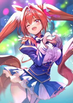1girl absurdres animal_ears ass black_thighhighs blue_jacket breasts brown_hair center_frills commentary_request cowboy_shot daiwa_scarlet_(peak_blue)_(umamusume) daiwa_scarlet_(umamusume) epaulettes fang framed_breasts frills garter_straps hair_intakes heart heart_hands hexagon highres hisama_kumako horse_ears horse_girl horse_tail jacket juliet_sleeves large_breasts layered_skirt long_hair long_sleeves microskirt puffy_sleeves red_eyes skirt solo tail thighhighs tiara twintails umamusume very_long_hair