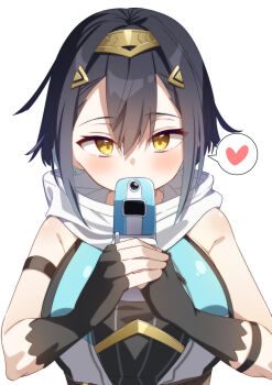 1girl 85neko absurdres amber_(stella_sora) black_gloves black_hair breasts cellphone commentary_request fingerless_gloves flip_phone gloves hair_between_eyes hairband heart highres holding holding_phone large_breasts looking_at_viewer metal_hairband phone simple_background sleeveless solo spoken_heart stella_sora upper_body white_background yellow_eyes yellow_hairband