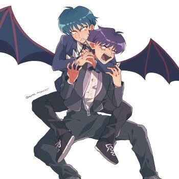 Rule 34 | 2boys, black suit, blue hair, choke hold, commentary request, demon boy, demon wings, fangs, formal clothes, juumonji tsubasa, kyoukai no rinne, looking at another, male focus, mame moyashi, masato (kyoukai no rinne), multiple boys, pointy ears, purple hair, short hair, simple background, strangling, suit, white background, wings
