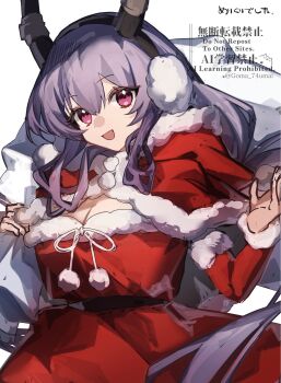 1girl :d alternate_costume arknights belt black_hairband black_horns breasts brown_belt capelet cleavage commentary_request dot_nose dress earmuffs fake_horns fur-trimmed_dress fur_trim gomago_magoma hair_between_eyes hair_over_shoulder hairband hand_up highres holding holding_sack horn_hairband horns large_breasts long_hair long_sleeves open_mouth pom_pom_(clothes) purple_eyes purple_hair red_capelet red_dress sack santa_costume santa_dress sidelocks smile solo twitter_username typhon_(arknights) very_long_hair watermark