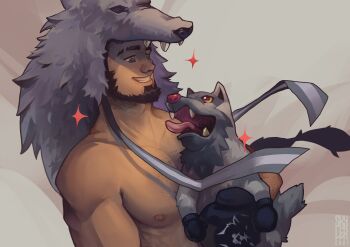 1boy affectionate alternate_facial_hair bara beard black_hair boxing_gloves color_connection commission danny_(felixnosi) eyebrow_cut facial_hair from_side full_beard grin happy highres large_pectorals male_focus mature_male muscular muscular_male nintendo original pectorals pokemon pokemon_(creature) short_hair skyler smile sparkle sparkling_aura sparse_chest_hair thick_beard thick_eyebrows upper_body wolf_hood wrestler