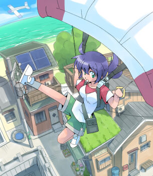 1girl :d ahoge aircraft airplane awning bag building day flower_shop green_eyes green_shorts highres horizon masuki ocean open_mouth original outdoors parachute power_lines purple_hair rooftop shirt shoes shop short_sleeves shorts smile socks sod_roof solar_panel solo town transformer twintails utility_pole well