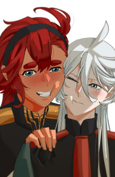 2girls absurdres asticassia_school_uniform black_hairband blue_eyes blush closed_mouth commentary_request green_jacket grey_eyes grin gundam gundam_suisei_no_majo hairband hand_on_another&#039;s_shoulder highres jacket korean_commentary long_hair miorine_rembran multiple_girls necktie one_eye_closed red_hair red_necktie school_uniform simple_background smile snapagi suletta_mercury thick_eyebrows upper_body white_background white_hair