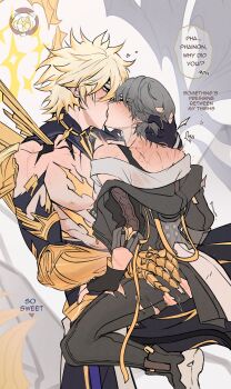 2boys absurdres alternate_form anal asymmetrical_wings bare_shoulders bite_mark black_bodysuit black_boots black_coat black_gloves black_pants blonde_hair blush bodysuit boots caelus_(honkai:_star_rail) closed_eyes clothes_down coat collarbone commentary english_commentary english_text fingerless_gloves fingernails french_kiss from_behind gauntlets gloves grey_hair hair_between_eyes halo halo_behind_head hand_on_another's_head hand_up heart highres honkai:_star_rail honkai_(series) hood hooded_coat injury kiss long_sleeves looking_at_another male_focus multiple_boys muscular muscular_male nipples official_alternate_eye_color official_alternate_hair_color open_mouth pants partially_fingerless_gloves pectorals phainon_(honkai:_star_rail) phainon_(khaslana)_(honkai:_star_rail) sex shirt short_hair short_sleeves shoulder_spikes shuiwe simple_background single_gauntlet sitting speech_bubble spikes t-shirt tongue tongue_out torn_clothes torn_pants trailblazer_(honkai:_star_rail) trembling white_background white_shirt wings yaoi yellow_eyes