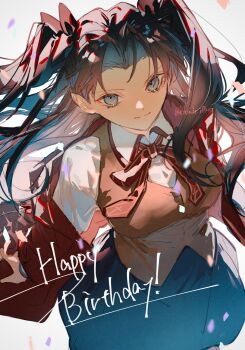 1girl black_hair black_skirt blue_eyes breasts cardigan_vest closed_mouth commentary_request fate/stay_night fate_(series) hair_intakes happy_birthday highres homurabara_academy_school_uniform jacket long_hair looking_at_viewer medium_breasts nasubi_illust neck_ribbon parted_bangs red_ribbon ribbon school_uniform skirt solo tohsaka_rin two_side_up very_long_hair