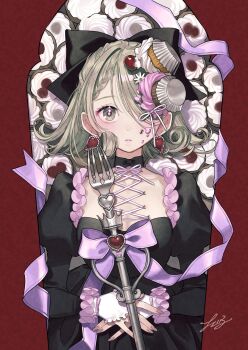Rule 34 | 1girl, ant, asymmetrical bangs, black bow, black choker, black dress, blush, bow, braid, braided bangs, bug, cherico, cherry, choker, commentary request, corset piercing, cupcake, dress, earrings, fingerless gloves, food, food on hair, frilled gloves, frills, fruit, giant fork, gloves, grey eyes, grey hair, hair bow, hair over one eye, heart, heart earrings, highres, insect, jewelry, juliet sleeves, long sleeves, looking at viewer, one eye covered, original, parted lips, pink lips, puffy sleeves, red background, ribbon choker, short hair, signature, solo, star (symbol), star in eye, swept bangs, symbol in eye, upper body, white gloves