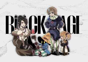 Rule 34 | 2boys, 2girls, bare shoulders, bead necklace, beads, belt, black boots, black gloves, black hair, black mage (final fantasy), black nails, blonde hair, blue coat, boots, braid, breasts, brown boots, brown hair, cleavage, closed eyes, coat, colored tips, commentary request, dress, earrings, final fantasy, final fantasy iv, final fantasy iv: the after years, final fantasy ix, final fantasy x, final fantasy xi, full body, fur-trimmed dress, fur trim, gloves, gold trim, hair ornament, hair over one eye, hair stick, hands on own hips, hat, highres, holding, holding staff, holding stuffed toy, jewelry, korean commentary, large breasts, long dress, lulu (ff10), moogle, multicolored hair, multiple boys, multiple braids, multiple girls, multiple necklaces, nail polish, necklace, off-shoulder dress, off shoulder, open mouth, palom, pants, pointy ears, purple eyes, purple lips, red eyes, ry mangdung, scarf, shantotto, sitting, smile, staff, striped clothes, striped coat, striped pants, striped scarf, stuffed animal, stuffed toy, tarutaru, vivi ornitier, wizard hat, yellow eyes