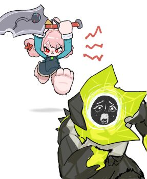 1girl animal_ears animal_feet bright_pupils chasing closed_mouth commentary english_commentary ethereal_(zenless_zone_zero) flower furry furry_female green_shirt hair_flower hair_ornament highres holding holding_sword holding_weapon long_hair ongnok1 open_mouth pink_fur pink_hair rabbit_girl red_eyes running shirt short_eyebrows simple_background sweat sword thick_eyebrows twintails v-shaped_eyebrows weapon white_background white_pupils zenless_zone_zero zhao_(zenless_zone_zero)