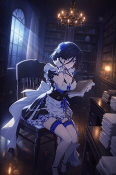 1girl adjusting_hair black_dress book bookshelf breasts candle candlestand chair chandelier claire_(star_savior) cleavage dress flower frills gloves hair_behind_ear hair_flower hair_ornament high_heels highres holding holding_notebook holding_paper indoors jewelry large_breasts layered_dress light_rays looking_at_viewer maid mole mole_under_eye night notebook paper paper_stack purple_eyes shaajibannnoor short_hair sitting solo star_savior sunbeam sunlight thighlet white_gloves window wooden_floor