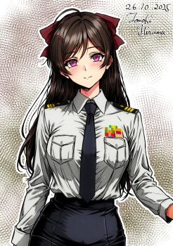1girl ahoge alternate_costume artist_name black_necktie black_skirt blush breasts brown_hair collared_shirt commentary_request dated hair_ornament hair_ribbon hairclip highres hisama_tomoki japan_maritime_self-defense_force japan_self-defense_force kantai_collection large_breasts long_hair long_sleeves looking_at_viewer mamiya_(kancolle) military military_dress_uniform military_rank_insignia military_uniform muneate naval_dress_uniform naval_uniform necktie one-hour_drawing_challenge ponytail red_eyes red_ribbon ribbon ribbon_bar shirt shoulder_boards skirt smile solo upper_body white_shirt
