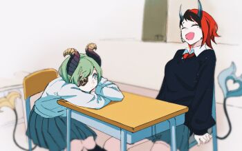 Rule 34 | 2girls, alternate costume, black cardigan, black hair, blue eyes, breasts, brown horns, cardigan, chair, closed eyes, closed mouth, collared shirt, commentary request, demon girl, demon horns, demon tail, desk, ear chain, eyepatch, feet out of frame, gin (tttetu123), green hair, grey skirt, highres, honey strap, horns, large breasts, linked piercing, looking at another, multicolored hair, multiple girls, nanashi inc., necktie, open mouth, pleated skirt, red hair, red necktie, ryugasaki rene, school desk, sekishiro mico, shirt, short hair, skirt, smile, sugar lyric, tail, two-tone hair, virtual youtuber, white shirt