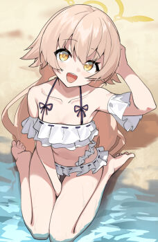Rule 34 | 1girl, absurdres, bikini, blue archive, collarbone, deatheach, frilled bikini, frills, from above, full body, halo, hand on own head, hifumi (blue archive), hifumi (swimsuit) (blue archive), highres, long hair, looking at viewer, low twintails, off-shoulder bikini, off shoulder, official alternate costume, open mouth, ribbon-trimmed bikini, ribbon-trimmed swimsuit, ribbon trim, sitting, smile, swimsuit, twintails, upper body, wariza, white bikini, winged halo, yellow halo