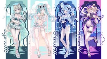 4girls absurdres ahoge alternate_costume alternate_hairstyle animal_ears anklet anninufufu aqua_background aqua_bikini aqua_eyes aqua_gemstone aqua_hair aqua_nails aqua_pupils aqua_shoes armband bare_shoulders beach bikini black-framed_eyewear black_collar blonde_hair blue_bikini blue_bow blue_eyes blue_gemstone blue_nails blue_pupils blue_sky blue_streaks border bow bracelet breasts breasts_apart cat_ears cat_girl cat_tail chain character_name cleavage closed_mouth clothing_request collar collarbone commentary criss-cross_halter cup double-parted_bangs double_bun drop-shaped_pupils drop_shadow english_text eyewear_on_head facial_mark faruzan_(genshin_impact) fingernails fischl_(genshin_impact) floating_hair flower-shaped_eyewear food frilled_armband frills full_body furina_(genshin_impact) gem genshin_impact gold_anklet gold_bracelet gold_chain gold_thighlet green_eyes grey_hair hair_between_eyes hair_bun hair_ribbon hair_rings halterneck hand_on_own_hip hands_up hat heart heart-shaped_eyewear heterochromia high_heels highleg highleg_bikini highres holding holding_cup holding_food holding_popsicle holding_spoon jewelry leaning_forward leg_up light_smile long_hair long_sleeves looking_at_viewer lynette_(genshin_impact) medium_breasts medium_hair midriff miniskirt mismatched_pupils multicolored_bikini multicolored_hair multiple_girls nail_polish navel necklace o-ring ocean open_mouth outside_border parted_lips pearl_necklace pendant pink_background pink_gemstone pink_pupils pink_ribbon popsicle purple-tinted_eyewear purple_eyes purple_nails ribbon round_eyewear sandals see-through_clothes see-through_skirt shoes shore skirt sky small_breasts spoon standing standing_on_one_leg star_(symbol) star_facial_mark stomach streaked_hair sunglasses swimsuit symbol-only_commentary symbol-shaped_pupils tail thigh_strap thighlet tinted_eyewear toenail_polish toenails tongue tongue_out triangle-shaped_pupils twintails two-tone_bikini two_side_up upper_body very_long_hair white-framed_eyewear white_background white_bikini white_hair white_hat white_shoes white_skirt