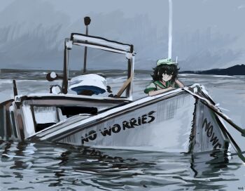103anon 1girl anchor_symbol black_hair boat collared_shirt green_eyes hat highres leaning light_smile murasa_minamitsu ocean outdoors overcast painterly sailor_hat shirt short_hair short_sleeves sinking sky solo touhou water watercraft white_hat white_shirt