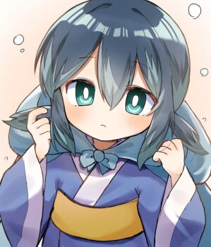 1girl blue_eyes blue_hair blue_kimono blush japanese_clothes kimono looking_at_viewer solo teeth unnchi_haha upper_body upper_teeth_only youkai_(youkai_watch) youkai_watch yukionna_(youkai_watch)