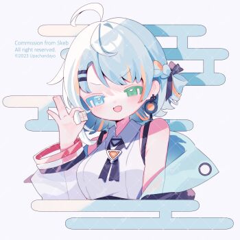 1girl :d ahoge artist_name bare_shoulders blue_background blue_eyes blue_hair blush breasts collared_shirt commentary commission cropped_torso green_eyes hand_up heterochromia highres indie_virtual_youtuber jacket kokoku_ico long_sleeves looking_at_viewer mahjong mahjong_tile medium_breasts multicolored_hair off_shoulder open_clothes open_jacket open_mouth orange_streaks sample_watermark shirt short_hair skeb_commission sleeveless sleeveless_shirt smile solo streaked_hair symbol-only_commentary upa_papa_co virtual_youtuber watermark watermark_grid white_shirt