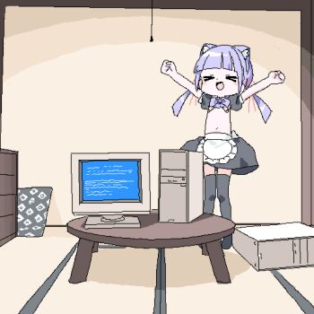 >_< 1girl animal_ears arms_up bandaid bandaids_on_nipples bow bowtie cat_ears commentary_request computer crt flat_chest indoors jaggy_lines lokulo-chan_(lokulo_no_mawashimono) lokulo_no_mawashimono loli monitor navel oekaki original pasties puffy_short_sleeves puffy_sleeves purple_bow purple_bowtie purple_hair revealing_clothes short_sleeves skirt solo standing table tatami thighhighs twintails