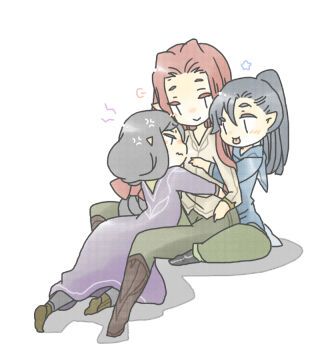 Rule 34 | 3boys, anger vein, annoyed, black hair, brothers, chibi, closed mouth, cousins, elf, fingon, full body, hair between eyes, high ponytail, long hair, low ponytail, maedhros, maglor, male focus, multiple boys, parted bangs, pixiv id 1298298, pointy ears, ponytail, red hair, siblings, simple background, star (symbol), teasing, the silmarillion, tolkien's legendarium, tongue, tongue out, white background, yaoi